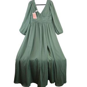 JJ's House Basil Green Long Sleeve Maxi Dress V-Neck & Pleated Waist Sz 12/UK14